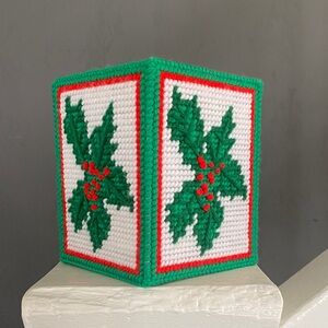 Handmade Needlepoint Christmas Tissue Box Cover with Holly Leaves and Berries
